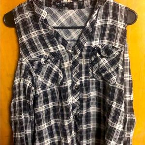 Plaid shirt with roses and off the shoulder.